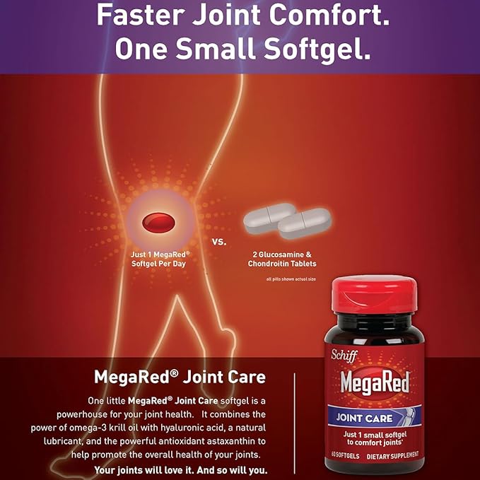 Omega-3 Krill Oil and Joint Supplement - Megared Joint Care 60 softgels - EPA/DHA fatty acids, Antioxidants, Hyaluronic acid, No fishy burp aftertaste as with Fish Oil