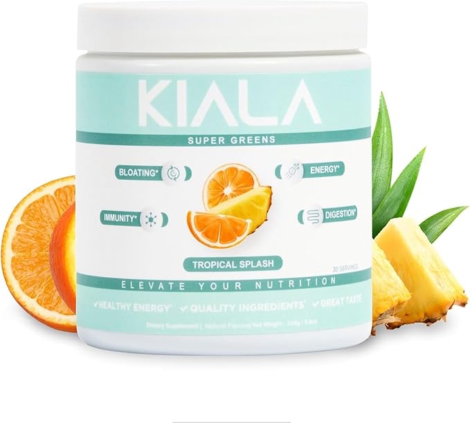 Kiala Nutrition Super Greens, Organic Greens Powder with Spirulina & Chlorella for Digestion, Gut Health, Immunity & Energy, Gluten Free, Vegan, Daily Support for Women, Tropical Splash, 30 Servings