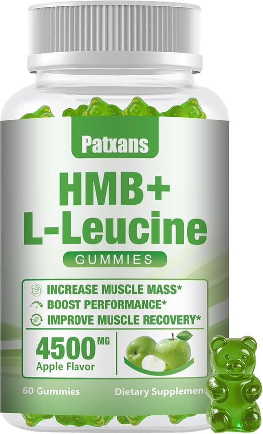 1 Pack HMB and L-Leucine Gummies, 4500mg, for Muscle Growth, Muscle Relief and Workout Recovery, for Men & Women, Non-GMO, Vegan, Gluten Free, Apple Flavor, 60 Count.