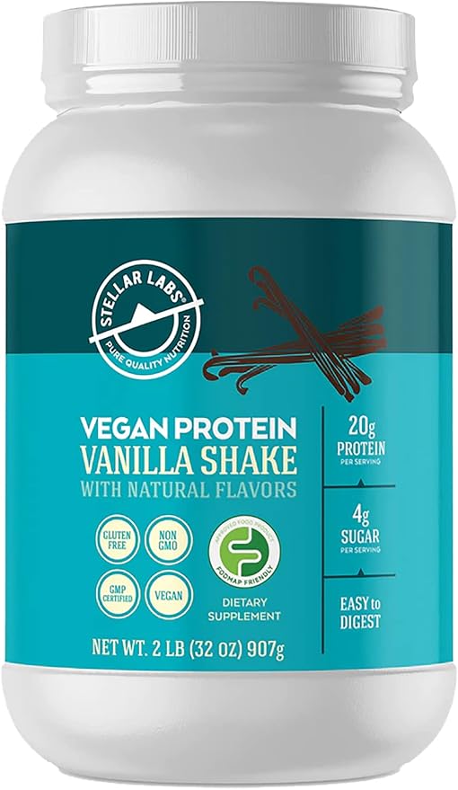 Stellar Labs Vegan Protein Powder with BCAA's & Antioxidants | Certified Low FODMAP, Non GMO, Gluten Free, Soy Free, Low Carb, with Stevia | Lean Plant Based Protein Powder Shakes | Vanilla