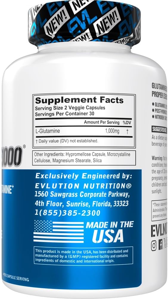 Evlution Nutrition L-Glutamine 1000, 1g Pure L Glutamine Per Serving, Post Workout, Nitrogen Transporter, Immune Support, Vegan, Gluten-Free, Veggie Capsules (30 Servings)