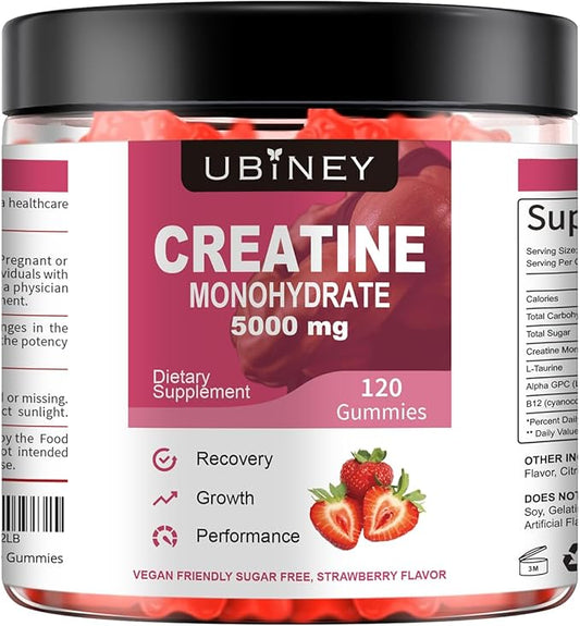Creatine Monohydrate Gummies 5000mg – Sugar-Free, Vegan, Gluten-Free – Enhanced with Vitamin B12 & L-Taurine for Muscle Growth, Recovery & Strength – Delicious Strawberry Flavor, 120 Count