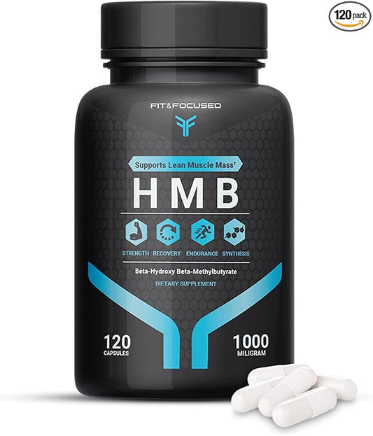 Fit & Focused 1000mg HMB βeta-Hydroxy βeta-Methylbutyrate Supplement, 120 Capsules, Supports Muscle Protein Synthesis & Recovery for Men, Women, Weightlifters, Fitness Enthusiasts & Health Optimizers
