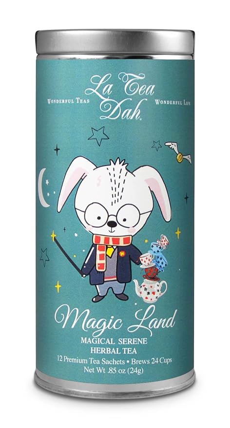 Serene Herbal Tea for Kids by La Tea Dah, Calming Decaf Childrens Tea, Lavender Chamomile Tea Bags Flavored with Lemongrass and Spearmint, Sleepy Tea for Little Wizards, Magic Land (12 Sachets)