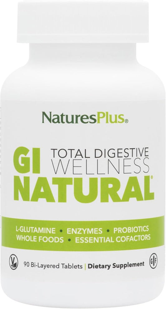 NaturesPlus GI Natural Total Digestive Wellness - 90 Bi-Layered Tablets - With L-Glutamine, Probiotics, Prebiotics & Enzymes - Gluten Free - 30 Servings