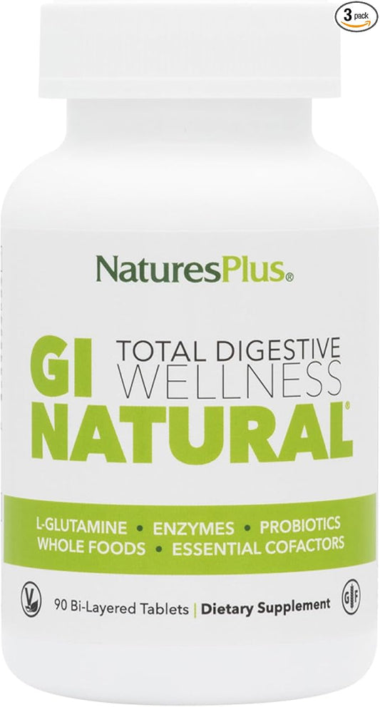Natures Plus GI Natural Total Digestive Wellness - 90 Bi-Layered Tablets, Pack of 3 - with L-Glutamine, Probiotics, Prebiotics & Enzymes - Gluten Free - 90 Total Servings