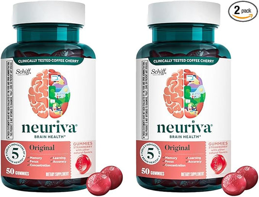 NEURIVA Original Brain Supplement for Memory, Focus & Concentration + Learning & Accuracy with Clinically Tested Nootropics Phosphatidylserine and Neurofactor, Strawberry Flavor, 50 Gummies (2 Pack)
