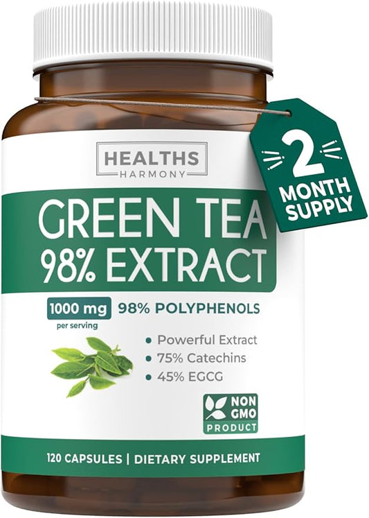 Green Tea Extract Capsules 98% with EGCG - 120 Count (Non-GMO) for Natural Metabolism Boost - Leaf Polyphenol Catechins - Antioxidant Supplement - Green Tea Pills - 1000mg (500mg per Capsule)