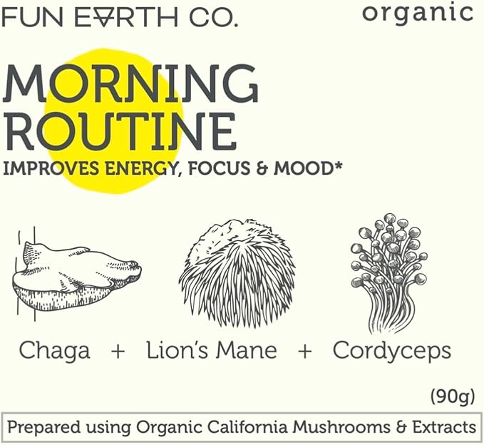 Morning Routine Mushrooms, Mushroom Supplement | Lions Mane Powder Chaga Cordyceps | Adaptogens | | 3.17 Ounce Packet | 30 Servings | Immune Support |