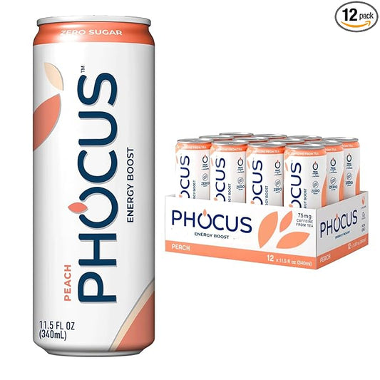 PHOCUS Energy Drink, Peach Sparkling Water, 75mg Natural Caffeine Plus L-Theanine, Zero Sugar, Zero Calories, No Artificial Sweeteners, 11.5 fl oz Cans (Pack of 12)
