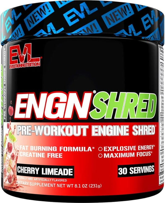 EVL Ultimate Pre Workout Powder - Thermogenic Fat Burner Preworkout Powder Drink for Lasting Energy Focus and Stamina - ENGN Shred Intense Fat Burning Creatine Free Preworkout Drink - Cherry Limeade