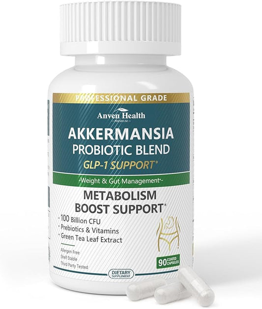 Akkermansia Probiotic for Menopause - 100 Billion CFU for Gut Health, GLP-1 Support, Energy & Wellness with Green Tea Extract, Vitamin D, Chromium & Prebiotics | 90 Capsules