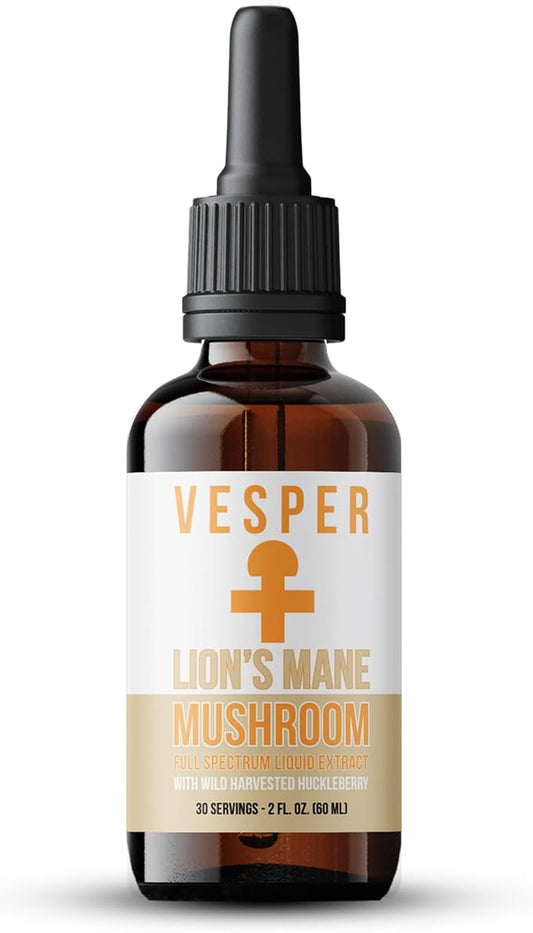 Vesper Lion’s Mane Mushroom Liquid Extract - Double Extraction with Wild Huckleberries for Brain Health, Cognitive Support, Focus & Immune Wellness, USA-Grown, for Clarity & Mental Performance – 2oz