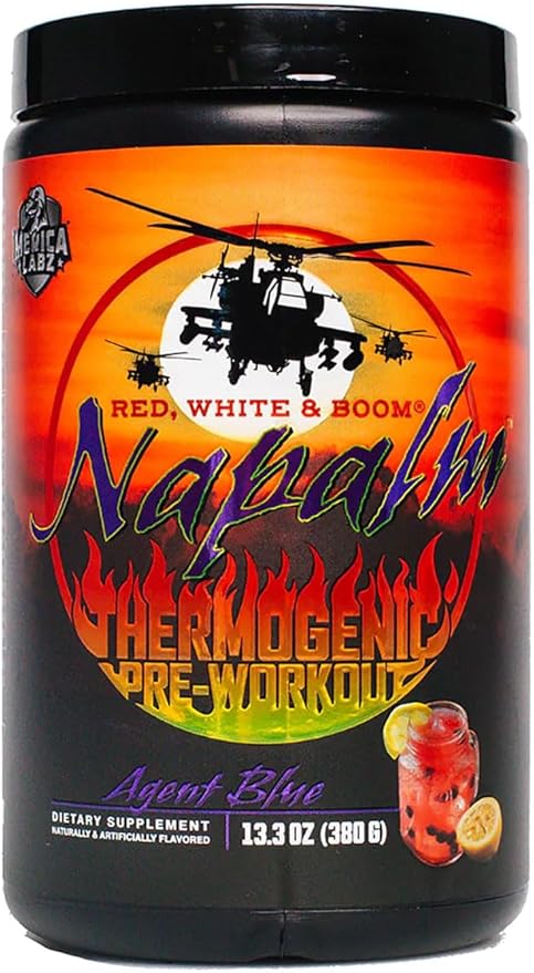'Merica Labz Red White & Boom Napalm Thermogenic Pre-Workout with 3 Patented Ingredients, Nootropics+350mg Caffeine, 20 Servings (Agent Blue, 380g)
