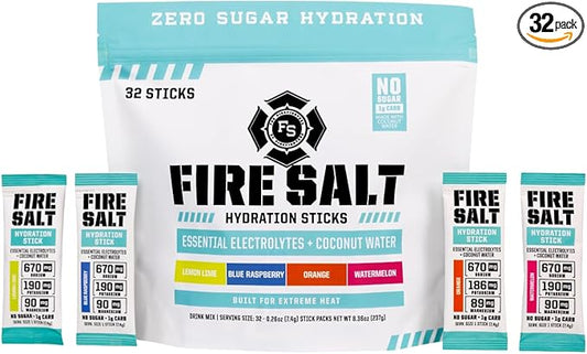 Fire Science Fire Salt Hydration Sticks, Electrolytes & Coconut Water, Hydration Drink Mix with Magnesium, Potassium & Sodium, Zero Sugar, Single Serve On The Go Packs, Variety Pack Flavors, 32 Count