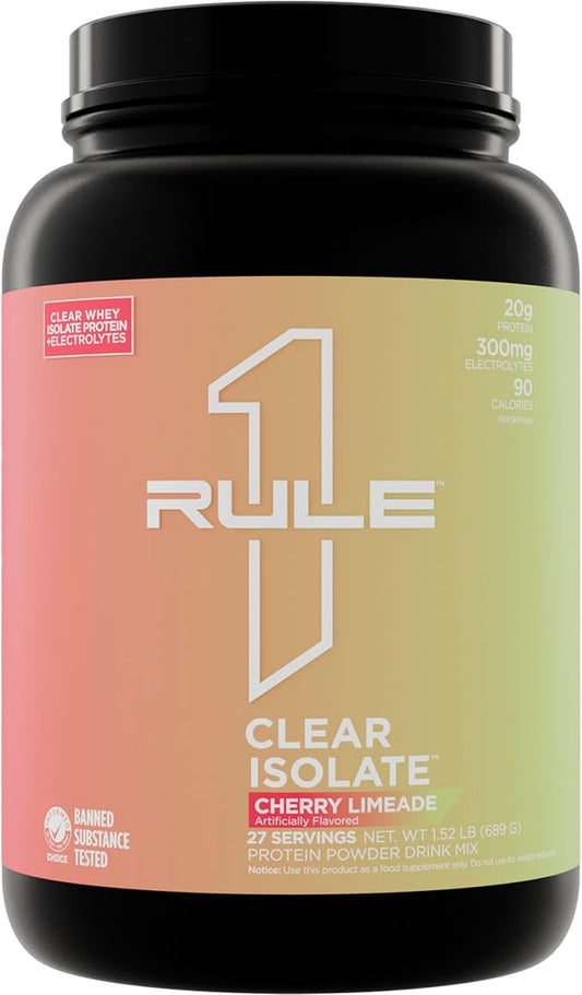 Rule One Proteins Clear Isolate - 20g All-whey Isolate Protein, Over 9g EAAs, 300mg of Electrolyte Minerals, 90 Calories, Light, Crisp, and Refreshing Taste (27 Servings, Cherry Limeade)