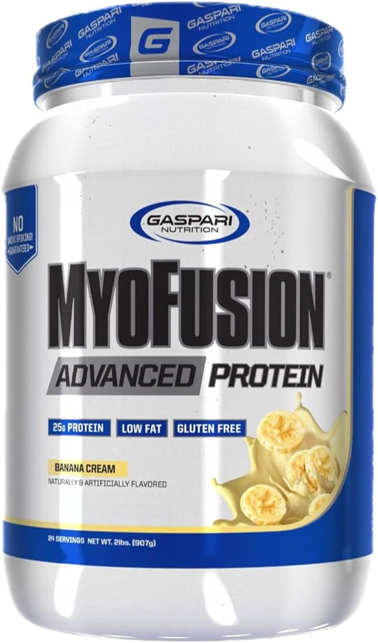 Gaspari Nutrition Myofusion Advanced Protein, Protein Blend with Whey Protein, Casein Protein and Isolate Protein, Low Fat and Gluten Free (Banana Cream, 2 Pound)