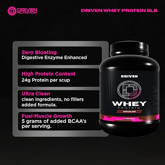 Driven WHEY- Grass Fed Whey Protein Powder: Delicious, Clean Protein Shake- Improve Muscle Recovery with 23 Grams of Protein with Added BCAA and Digestive Enzymes (5lb, Chocolate Milkshake)