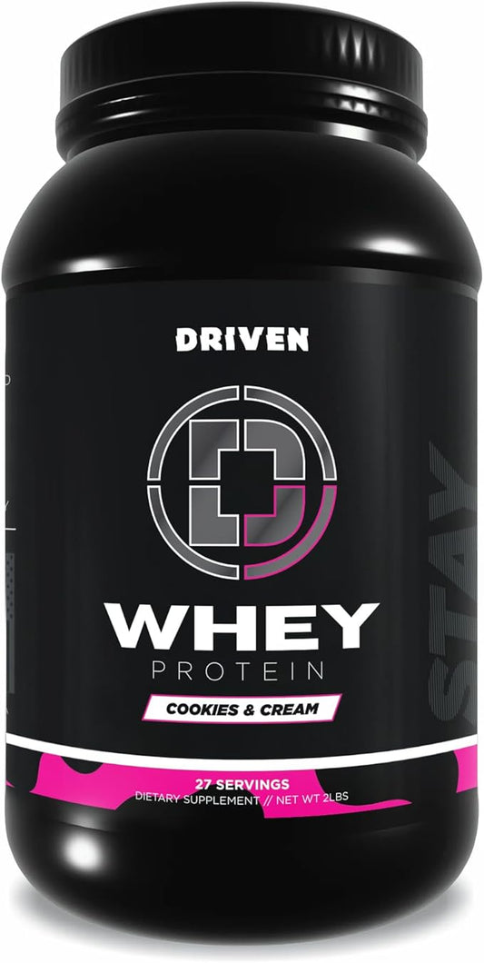 Driven WHEY- Whey Protein Powder: Delicious, Clean Protein Shake- Improve Muscle Recovery with 23 Grams of Protein with Added BCAA and Digestive Enzymes (2lb, Cookies & Cream)