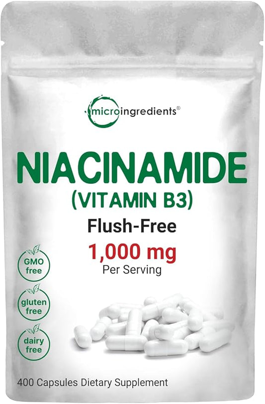 Vitamin B3 Niacinamide 500mg Per Capsule, 400 Capsules | 1,000mg Flush Free Niacin Per Serving, Essential B Vitamin Supplement | Skin Care Health & Energy Support | Non-GMO, Gluten Free