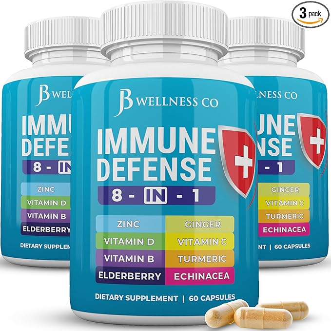 Immune Support 8 in 1 Capsules - Zinc Supplement, Vitamin D3, Vitamin C and Elderberry - Immune Booster Supplement with Echinacea, Ginger Root, and Turmeric - [3-Pack, 180 Count]