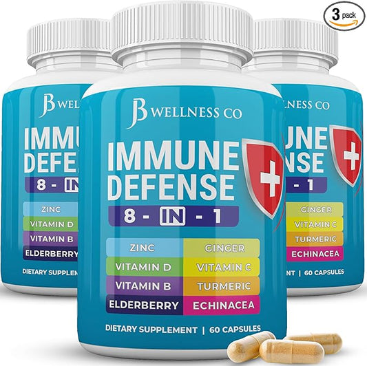 Immune Support 8 in 1 Capsules - Zinc Supplement, Vitamin D3, Vitamin C and Elderberry - Immune Booster Supplement with Echinacea, Ginger Root, and Turmeric - [3-Pack, 180 Count]