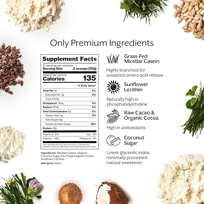 Promix Casein Protein Powder, Chocolate - 2.5lb Bulk - Grass-Fed & 100% All Natural - Slow & Sustained Recovery ­Post Workout Fitness - Shakes, Smoothies, Baking & Cooking Recipes - Gluten-Free