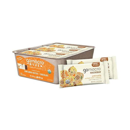 GoMacro MacroBar Organic Vegan Protein Bars - Sunflower Butter + Chocolate (2.3 Ounce Bars, 12 Count