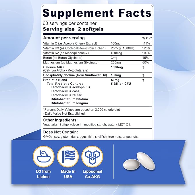 Liposomal Calcium AKG Supplement 1500mg with Vitamin D3 & K2 Softgels for Women & Men, (Made in USA) Calcium Supplements with Magnesium Glycinate, Boron, Probiotics & Vitamin C for Bone - 120 Pills