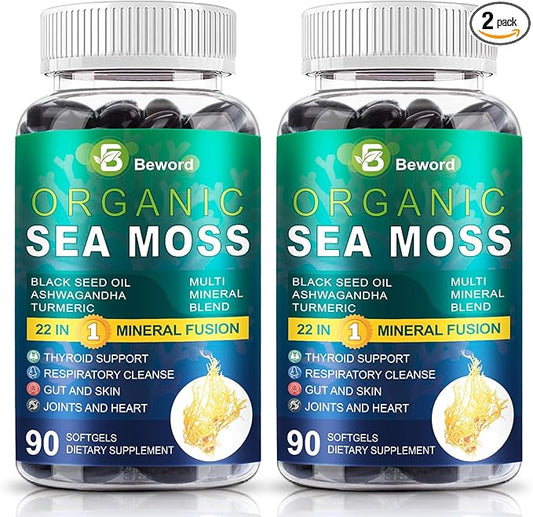Organic Sea Moss Softgels, 180 Capsules - with Irish Sea Moss, Vitamin C,D3, Black Seed Oil, Ashwagandha, Turmeric, Bladderwrack, Burdock, Rhodiola Rosea - Immune, Skin & Energy Support, 2 Pack