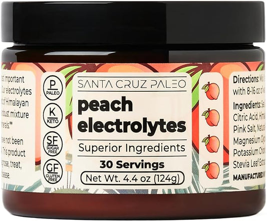Santa Cruz Paleo Electrolyte Powder Peach with Himalayan & Sea Salt, Magnesium, Potassium, Sugar-Free, 30 Servings