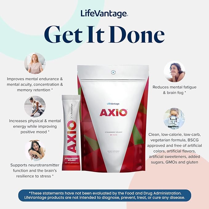 LifeVantage - AXIO - Regular Energy Drink Powder,Strawberry Splash - with B Vitamin, DMAE, L-Theanine, Quercetin, Green Tea and Pine Bark - 30 Packets