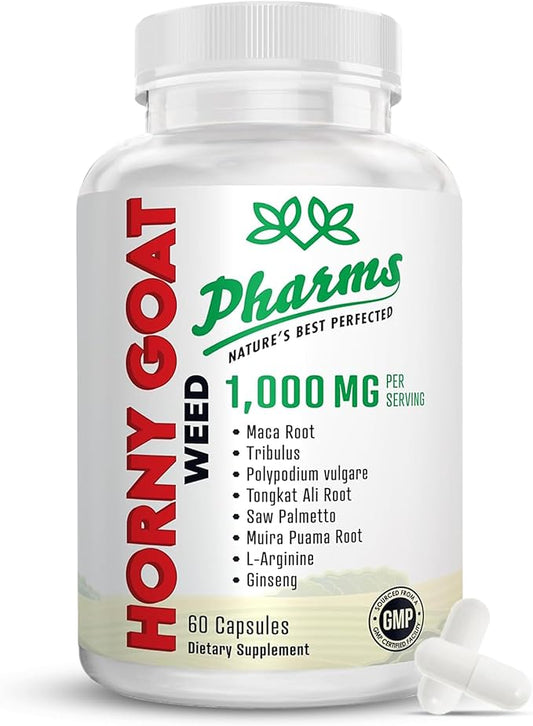 PHARMS Hornygoatweed for Men & Women (1,000 mg) - Energy & Stamina Capsules with Maca Root, Tribulus, Tongkat Ali, Saw Palmetto & Ginseng - Female & Male Performance Enhancing Supplement - 60 Capsules