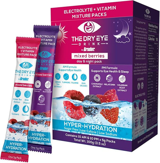 l Ultimate Hydration for Dry Eyes l Sugar-Free Electrolyte Powder Packets l Blended with Vitamins, Green Tea, Turmeric, Taurine, and DHA l 5g x 20 Packets (Mixed Berry AM/PM)