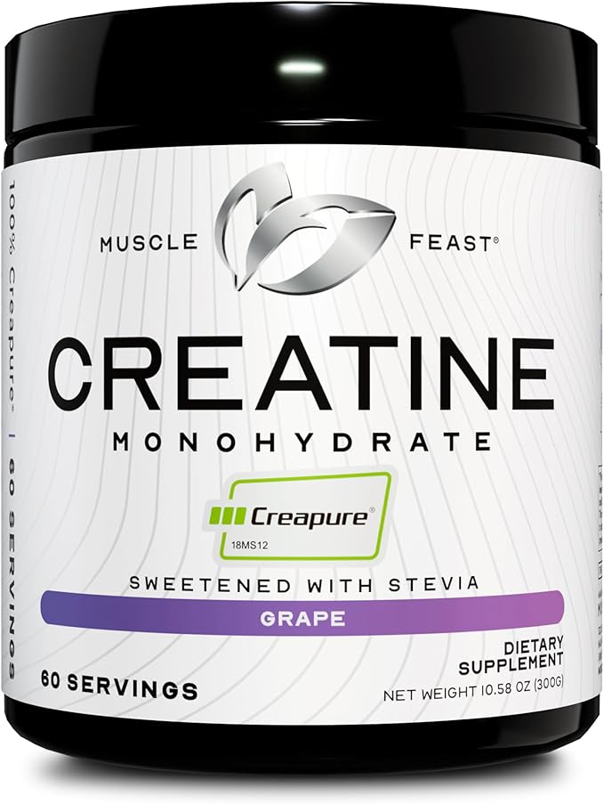 Muscle Feast Creapure Creatine Monohydrate Powder, Vegan Keto Friendly Gluten-Free Easy to Mix, Muscle Recovery Supplement and Best Creatine for Muscle Growth, Natural Grape, 300g