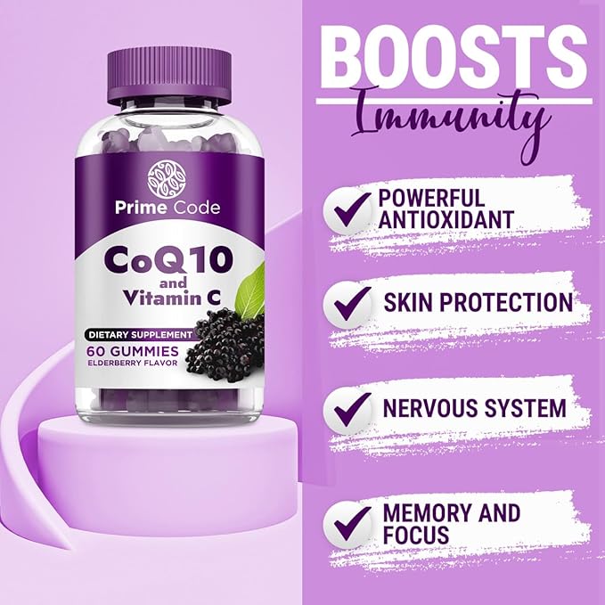 [2 in 1] CoQ10 200mg & Vitamin C 250mg Gummies – Supports Heart Health, Immune System & Cellular Energy – Vegan, Non-GMO, Gluten-Free – Elderberry – CoQ10 Supplement for Energy & Antioxidant Support