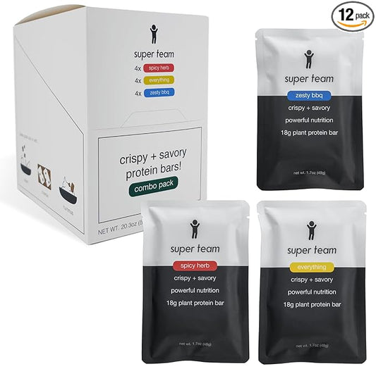 Super Team Savory + Crispy Protein Bars - Combo Pack - 12-Count Snack Bars - High Protein (18g), High Fiber (7g), Low Sugar (1g) - Gluten Free, Nut Free, Soy Free, Vegan Plant Based Meal Replacement