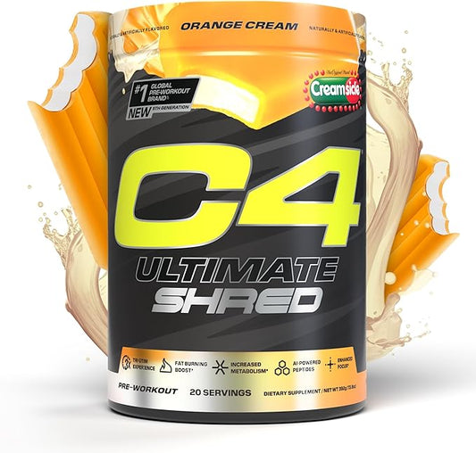 Cellucor C4 Ultimate Shred Pre Workout Powder, Metabolism Supplement with Cayenne Extract+300mg Caffeine+TeaCrine+Dynamine - Orange Creamsicle, 20 Servings