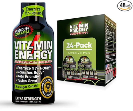 Vitamin Energy Workout+ Extra Strength Daily Energy Shot – Sour Apple – 260mg Natural Caffeine, B-Vitamins – Pre-Workout & Endurance Support – Zero Sugar, Vegan, Kosher – 1.93 fl oz, 24-Pack