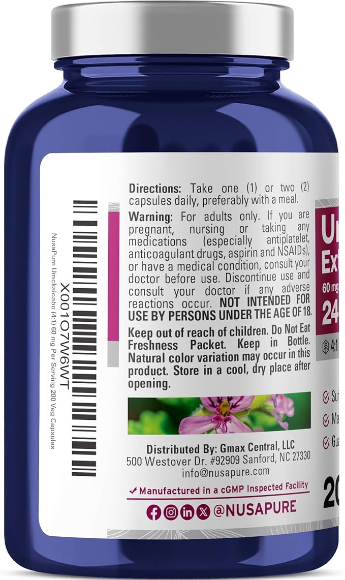 NusaPure Umckaloabo 4:1 Extract, 60 mg Equivalent to 240 mg Veggie Caps 200 Count (Non-GMO, Vegan)