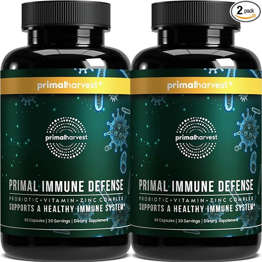 Primal Harvest Primal Immune Defense 10-in-1 Immune Defense Supplement: with 7 Billion CFU Probiotics, Zinc, Vitamins C, B6, D3, K2 - Immune Boosters for Adults 60 Capsules (2 Pack)