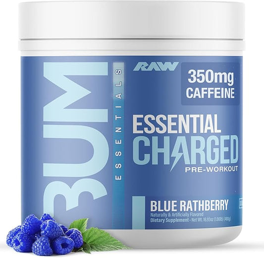 RAW Pre-Workout Powder, Essential CHARGED (Blue Rathberry) - Preworkout Supplement for Men & Women - Supports Focus, Mood, & Performance - Caffeine, Alpha-GPC, L-Citrulline, Beta Alanine (25 Servings)