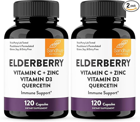 Sandhu's Elderberry Vitamin C & Zinc with Quercetin Capsules for Men & Women | Supports Immune Health | 120 Count (Pack of 2)