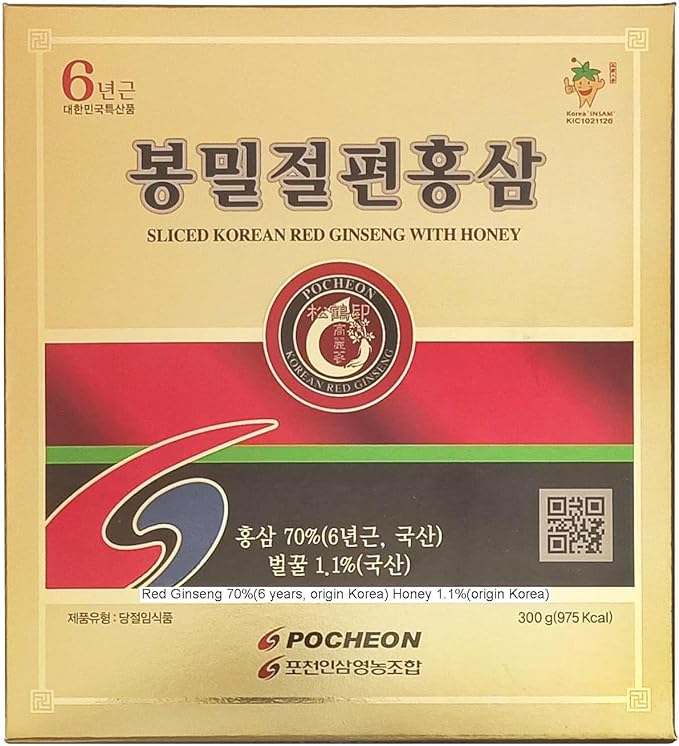 Pocheon 300g(10.6oz) 6Years Korean Panax Red Ginseng Slice with Honey, Saponin, Natural Immune Support