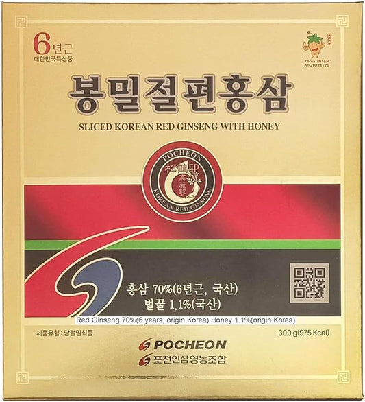 Pocheon 300g(10.6oz) 6Years Korean Panax Red Ginseng Slice with Honey, Saponin, Natural Immune Support