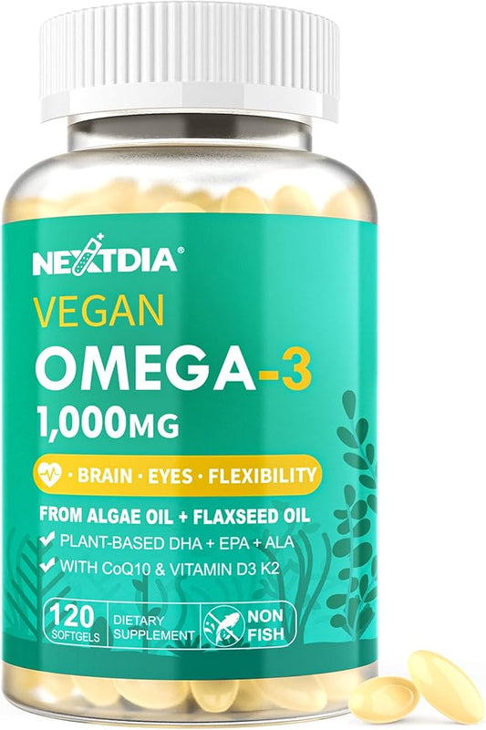 Vegan Omega 3 DHA EPA ALA Supplement with 5000IU Vitamin D3 K2 (MK7), CoQ10 for Women Men | Made in USA | Fish Oil Alternative | Plant Based Algae Oil Omega 3 for Bone, Brain, Eye, Skin | 120 Softgels
