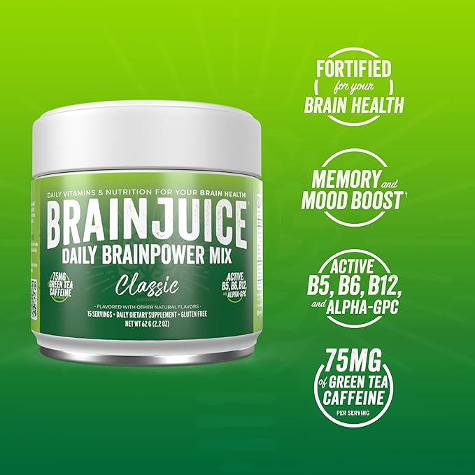 BrainJuice Nootropics Brain Support Supplement, Gluten Free Powder for Energy and Focus, Drink Mix with L Theanine, Alpha GPC, Vitamin B, Organic Green Tea Extract Caffeine, Classic, 15 Servings