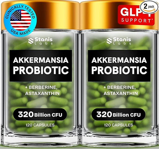 Akkermansia Muciniphila Probiotics 320 Billion CFU| GLP-1 Probiotic and Prebiotic | Akkermansia Probiotics for gut health | Inulin Prebiotic Fiber Capsules Astaxanthin & Berberine & Chromium 240 count