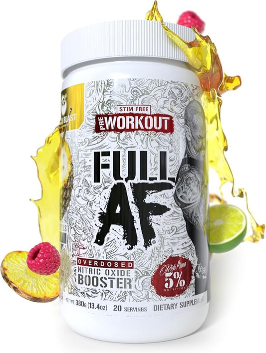 5% Nutrition FullAF Pre-Workout | Stim-Free with Massive Pumps | L-Citrulline, L-Taurine, Nitrosigine, GlycerSize (Beach Blast)