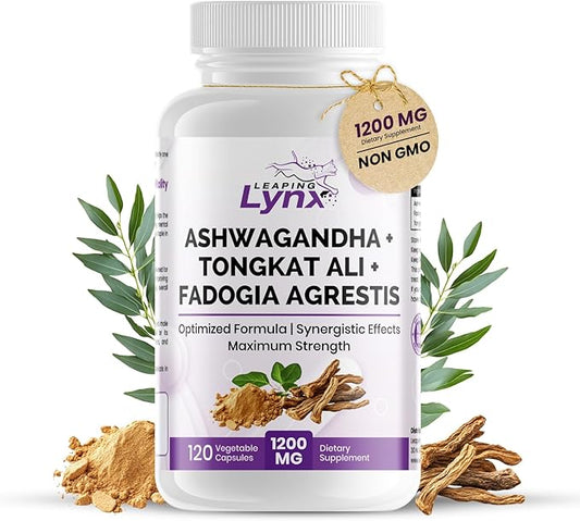 Ashwagandha + Tongkat Ali + Fadogia Agrestis – 120 Capsules, 1200mg Per Serving – Powerful Herbal Blend for Energy, Stamina & Vitality – Synergistic Formula for Active Lifestyles – 3rd Party Tested